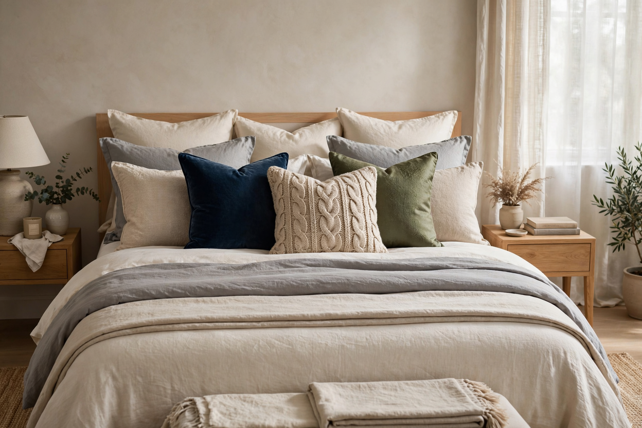 Layered modern neutral bedding set with textured accent cushions in navy blue, sage green, and cable knit on a wooden bed frame by Noom Furnishings.