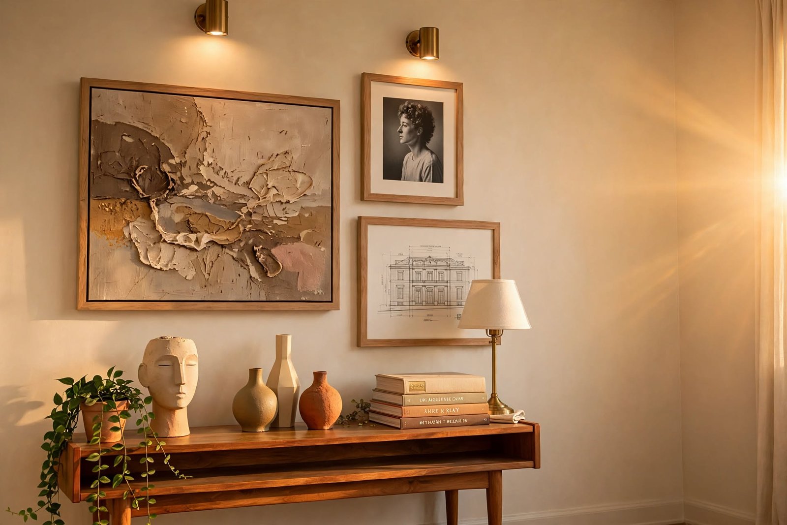 Curated artwork gallery wall with framed abstract art, portrait print, and architectural sketch.