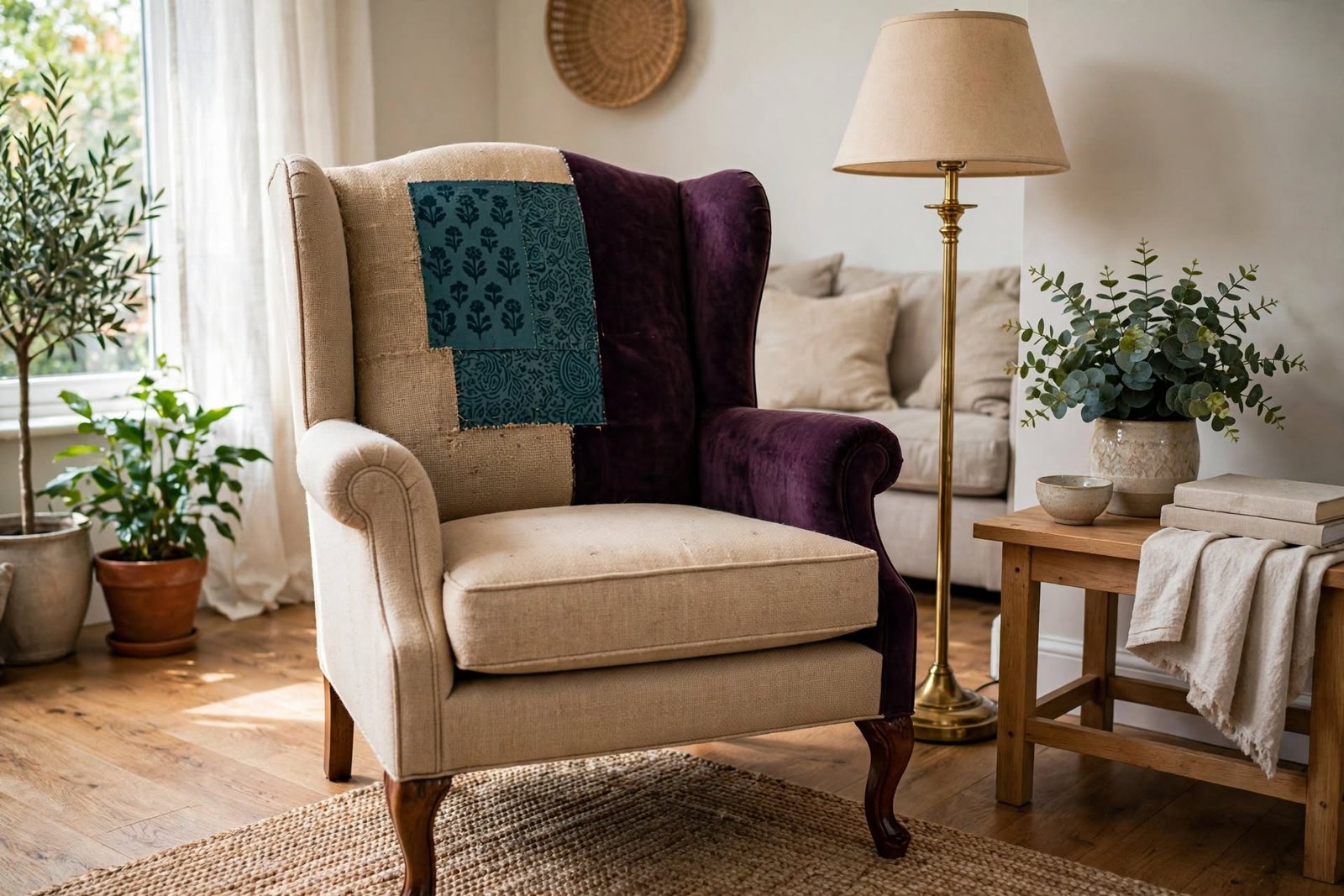 Reupholstered vintage accent chair showcasing custom upholstery rework services by Noom Furnishings.